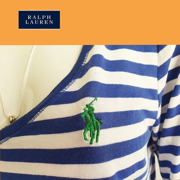 RALPH LAUREN Blue Label Striped Lime Pony V-Neck Long-Sleeve T-Shirt L - Picture 8 of 12